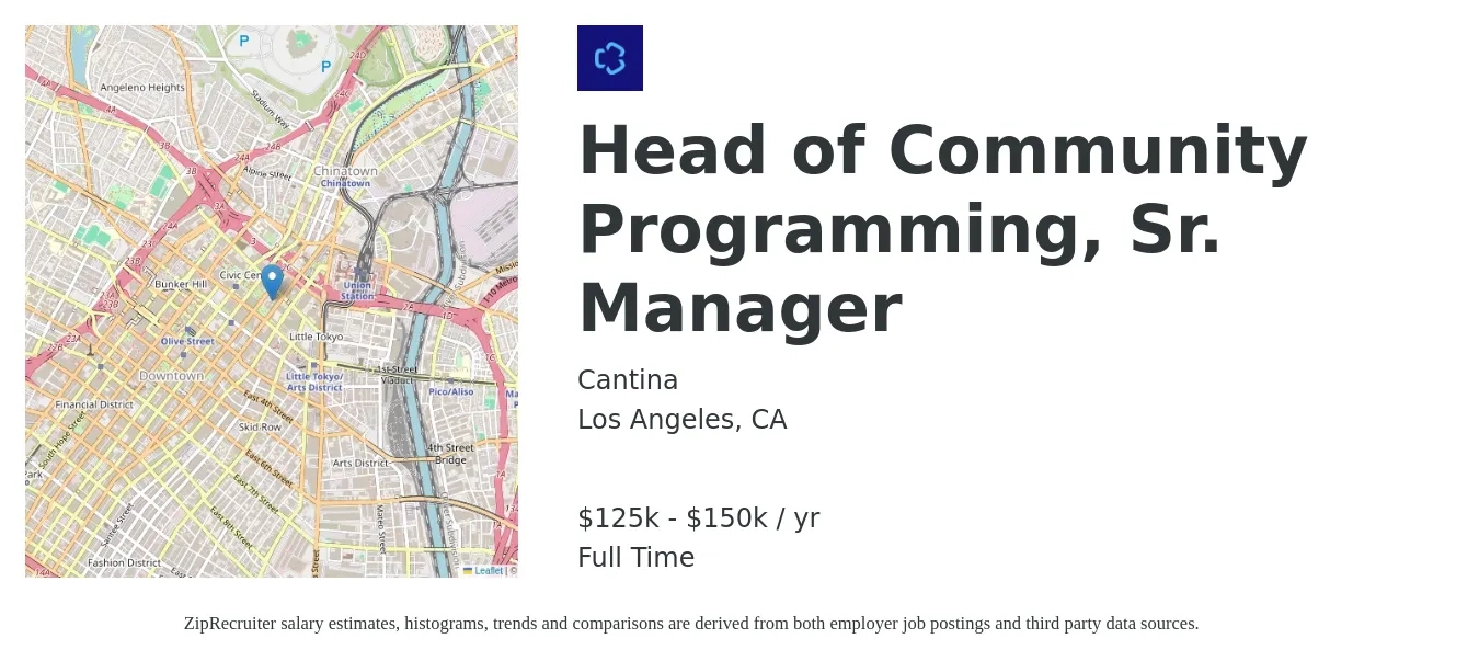 Cantina job posting for a Head of Community Programming, Sr. Manager in Los Angeles, CA with a salary of $125,000 to $150,000 Yearly with a map of Los Angeles location.