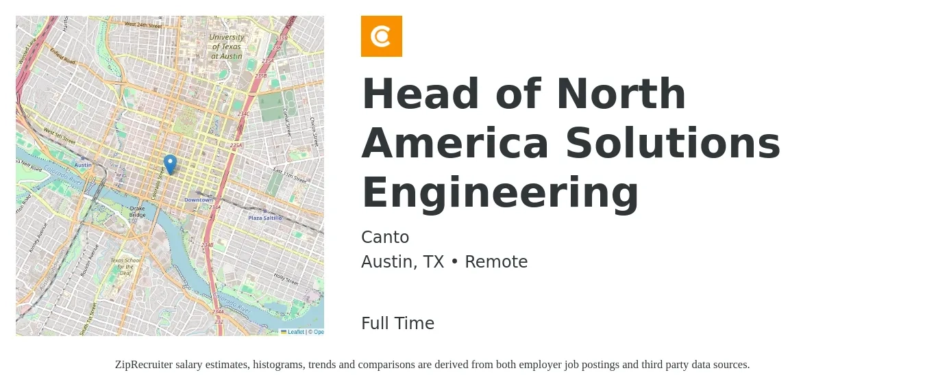 Canto job posting for a Head of North America Solutions Engineering in Austin, TX with a salary of $140,300 to $250,800 Yearly with a map of Austin location.