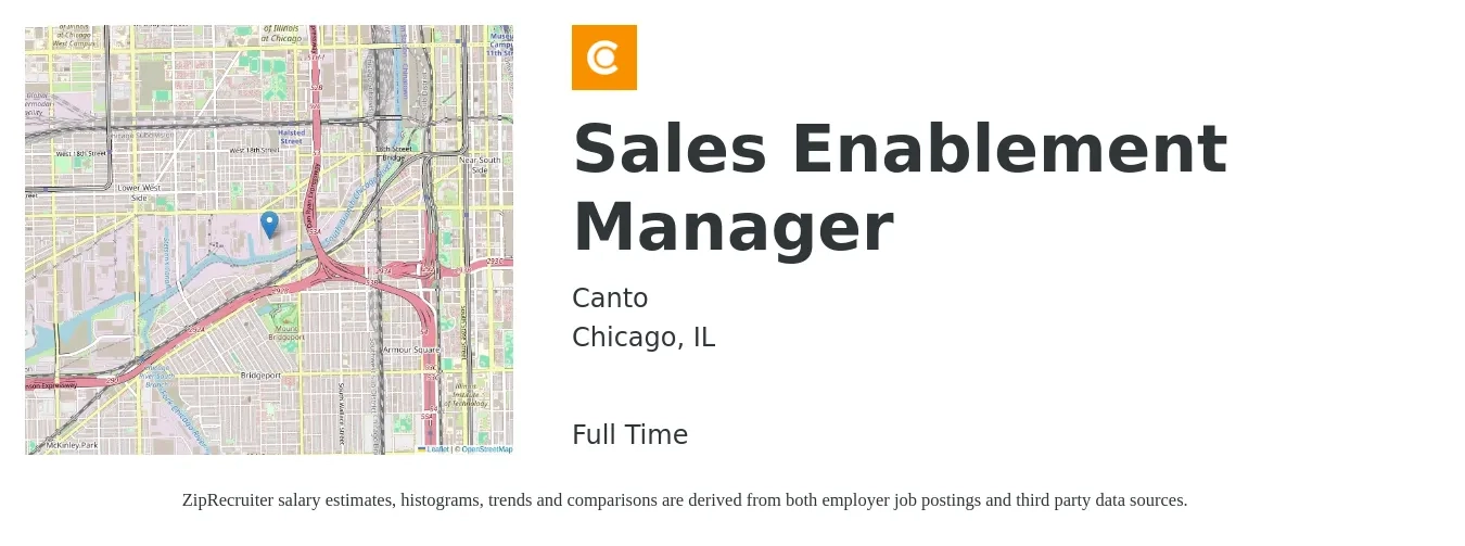 Canto job posting for a Sales Enablement Manager in Chicago, IL with a salary of $49 to $73 Hourly with a map of Chicago location.