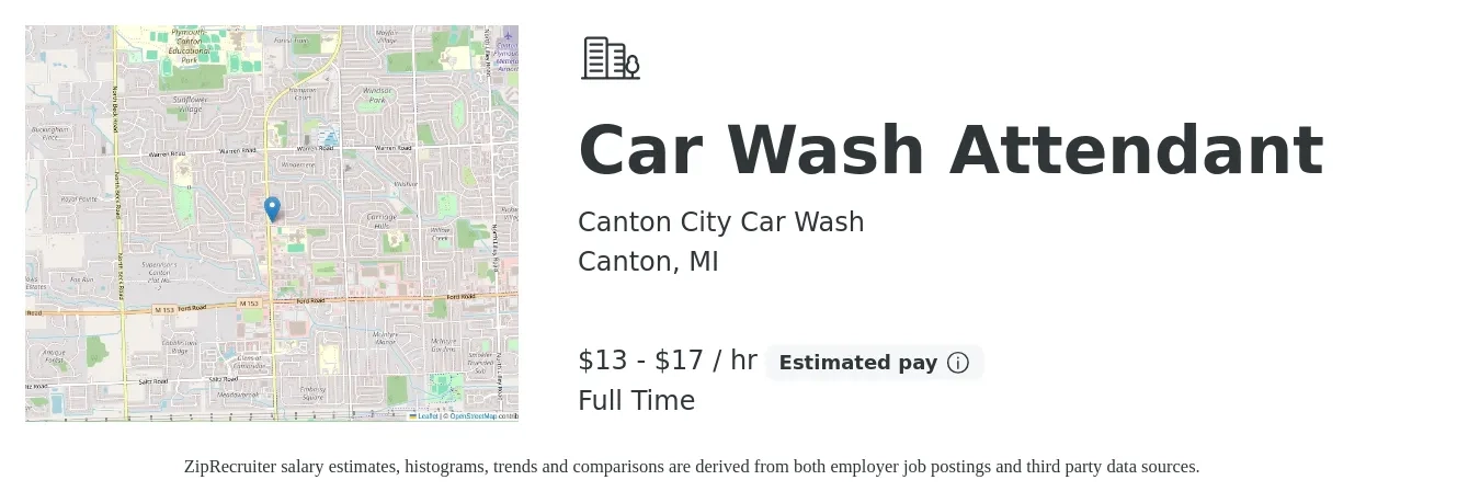 Canton City Car Wash job posting for a Car Wash Attendant in Canton, MI with a salary of $14 to $18 Hourly with a map of Canton location.