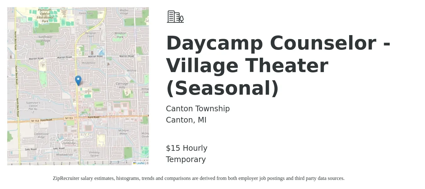 Canton Township job posting for a Daycamp Counselor - Village Theater (Seasonal) in Canton, MI with a salary of $16 Hourly with a map of Canton location.
