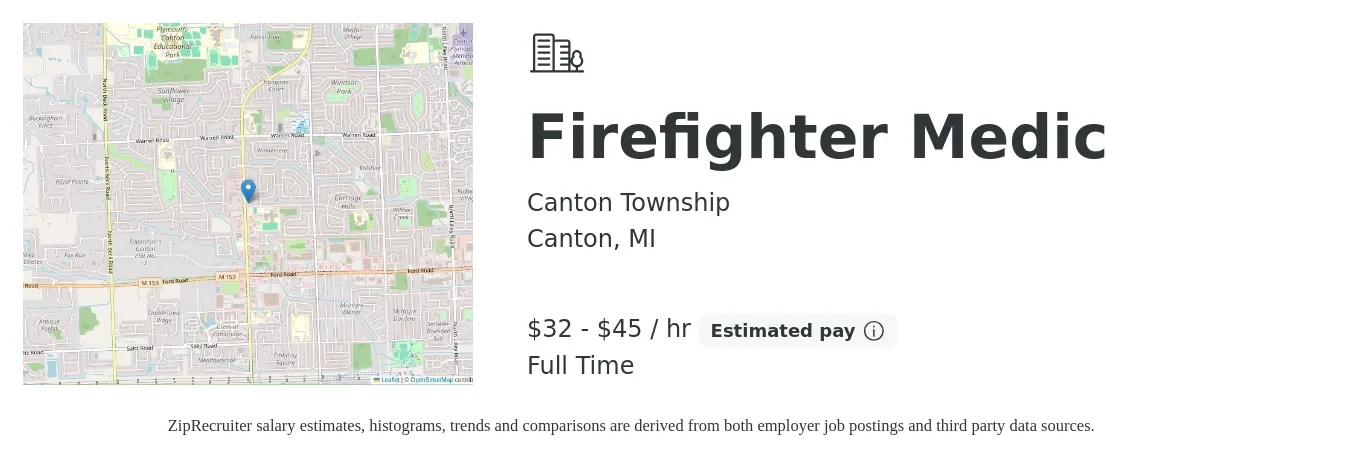 Canton Township job posting for a Firefighter Medic in Canton, MI with a salary of $87,375 Yearly with a map of Canton location.