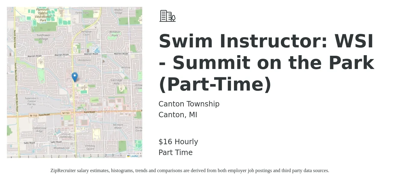 Canton Township job posting for a Swim Instructor: WSI - Summit on the Park (Part-Time) in Canton, MI with a salary of $17 Hourly with a map of Canton location.