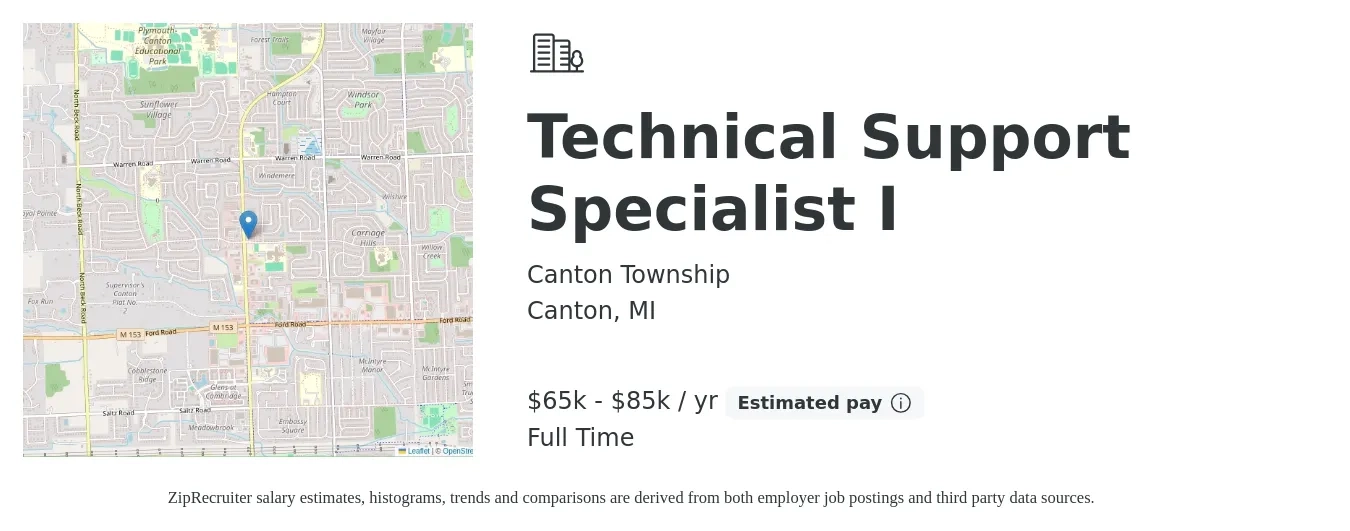 Canton Township job posting for a Technical Support Specialist I in Canton, MI with a salary of $65,606 to $85,285 Yearly with a map of Canton location.
