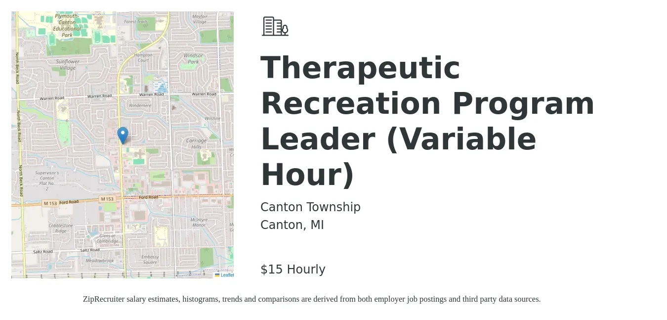 Canton Township job posting for a Therapeutic Recreation Program Leader (Variable Hour) in Canton, MI with a salary of $16 Hourly with a map of Canton location.