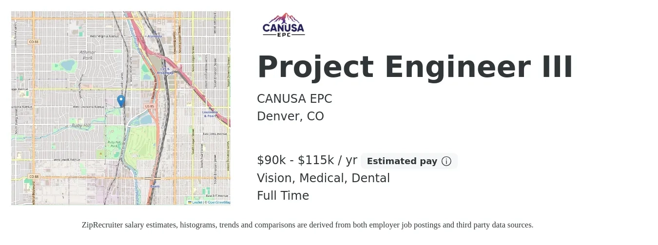 CANUSA EPC job posting for a Project Engineer III in Denver, CO with a salary of $90,000 to $115,000 Yearly and benefits including pto, retirement, vision, dental, life_insurance, and medical with a map of Denver location.