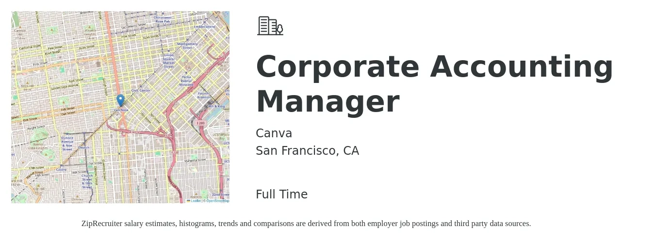 Canva job posting for a Corporate Accounting Manager in San Francisco, CA with a salary of $106,600 to $159,600 Yearly with a map of San Francisco location.