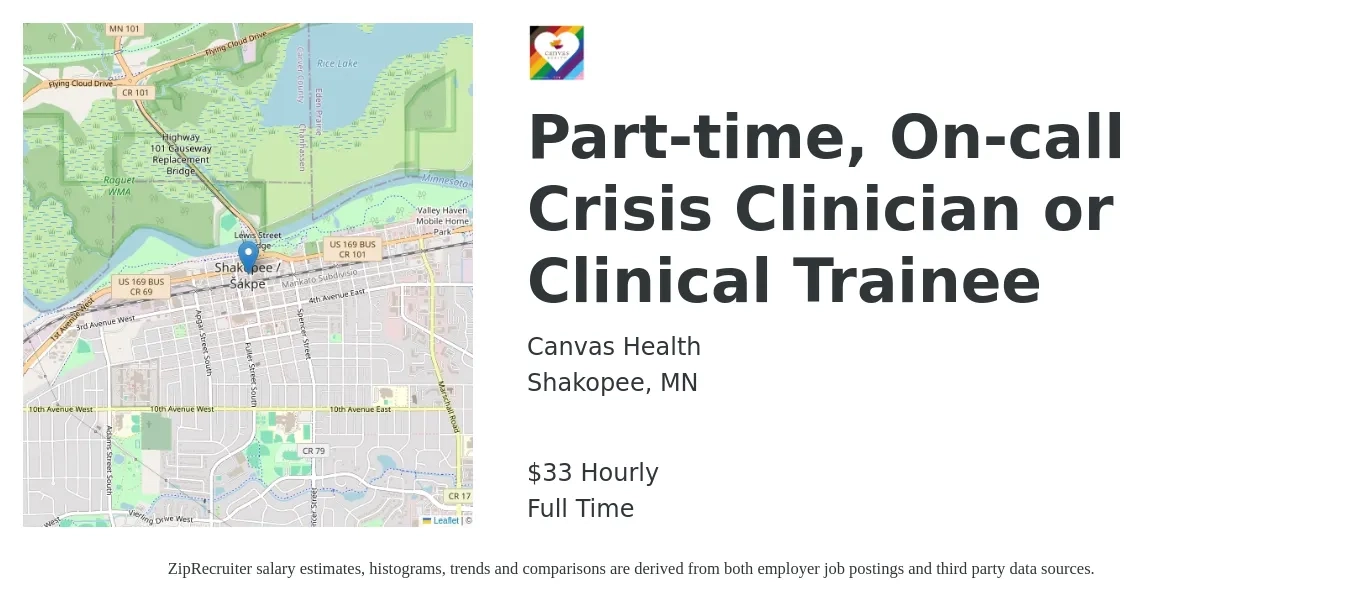 Canvas Health job posting for a Part-time, On-call Crisis Clinician or Clinical Trainee in Shakopee, MN with a salary of $35 Hourly with a map of Shakopee location.