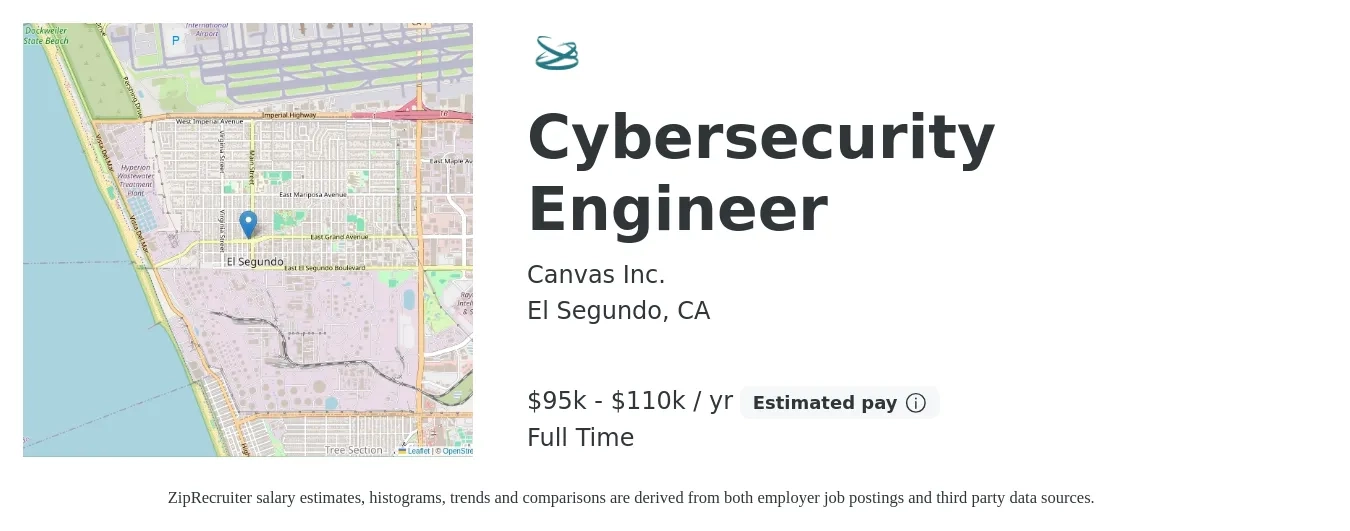 Canvas Inc. job posting for a Cybersecurity Engineer in El Segundo, CA with a salary of $95,000 to $110,000 Yearly with a map of El Segundo location.