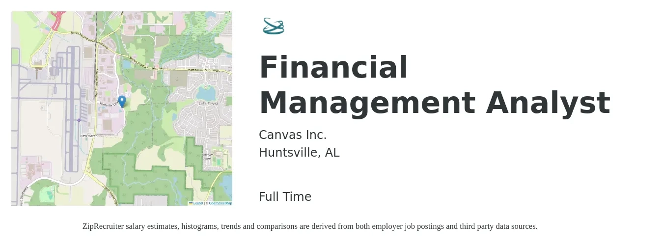Canvas Inc. job posting for a Financial Management Analyst in Huntsville, AL with a salary of $64,400 to $110,600 Yearly with a map of Huntsville location.