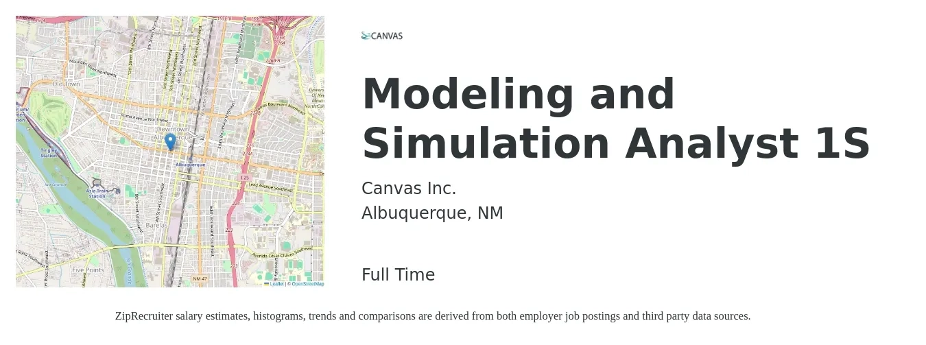 Canvas Inc. job posting for a Modeling and Simulation Analyst 1S in Albuquerque, NM with a salary of $75,300 to $124,200 Yearly with a map of Albuquerque location.