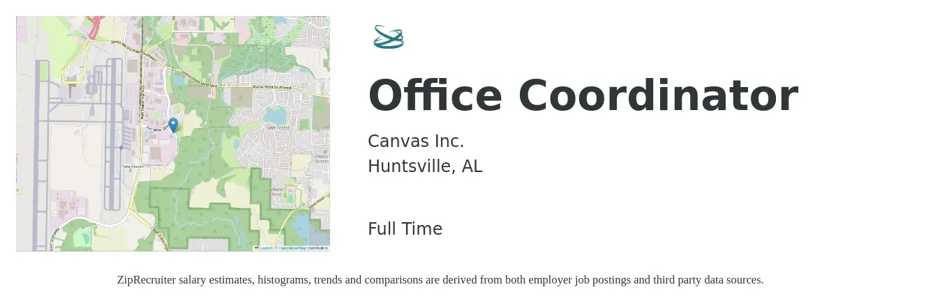 Canvas Inc. job posting for a Office Coordinator in Huntsville, AL with a salary of $16 to $22 Hourly with a map of Huntsville location.