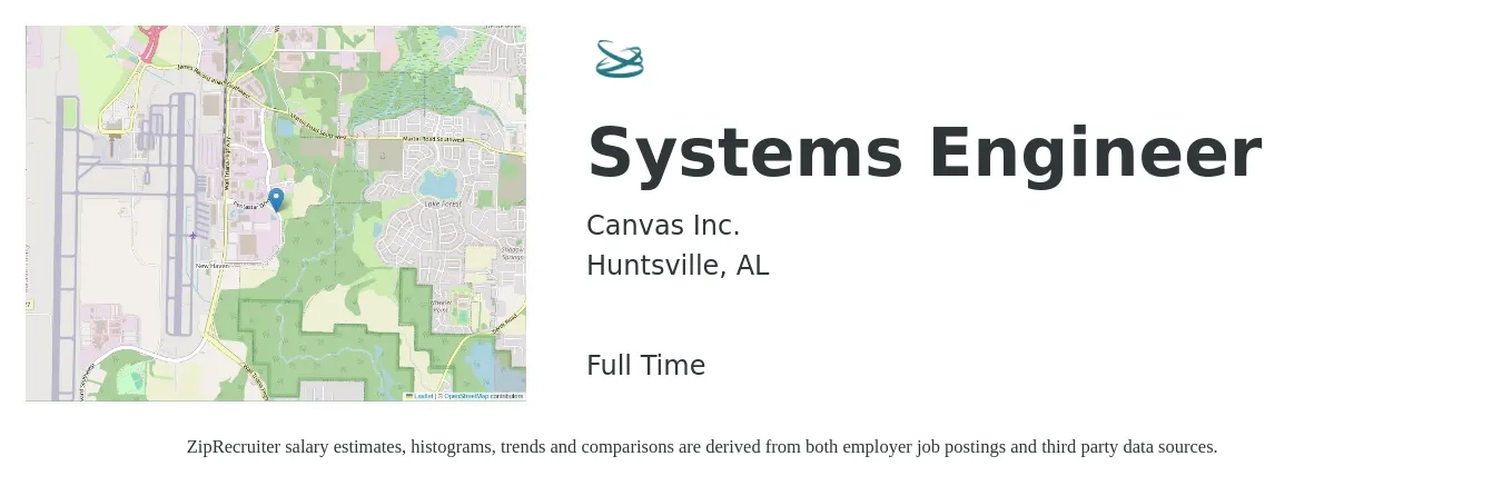 Canvas Inc. job posting for a Systems Engineer in Huntsville, AL with a salary of $90,000 to $144,100 Yearly with a map of Huntsville location.