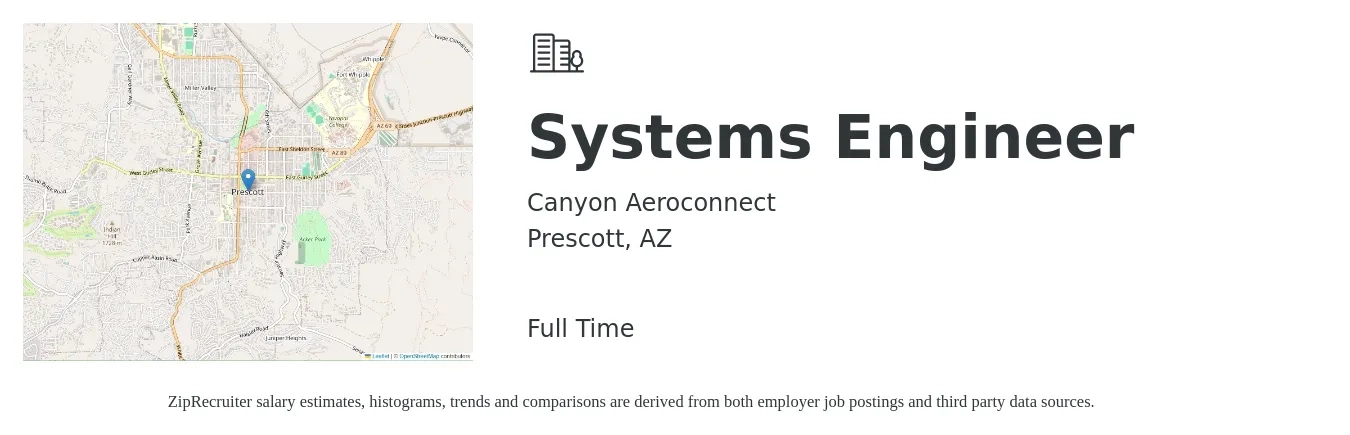 Canyon Aeroconnect job posting for a Systems Engineer in Prescott, AZ with a salary of $95,400 to $152,800 Yearly with a map of Prescott location.