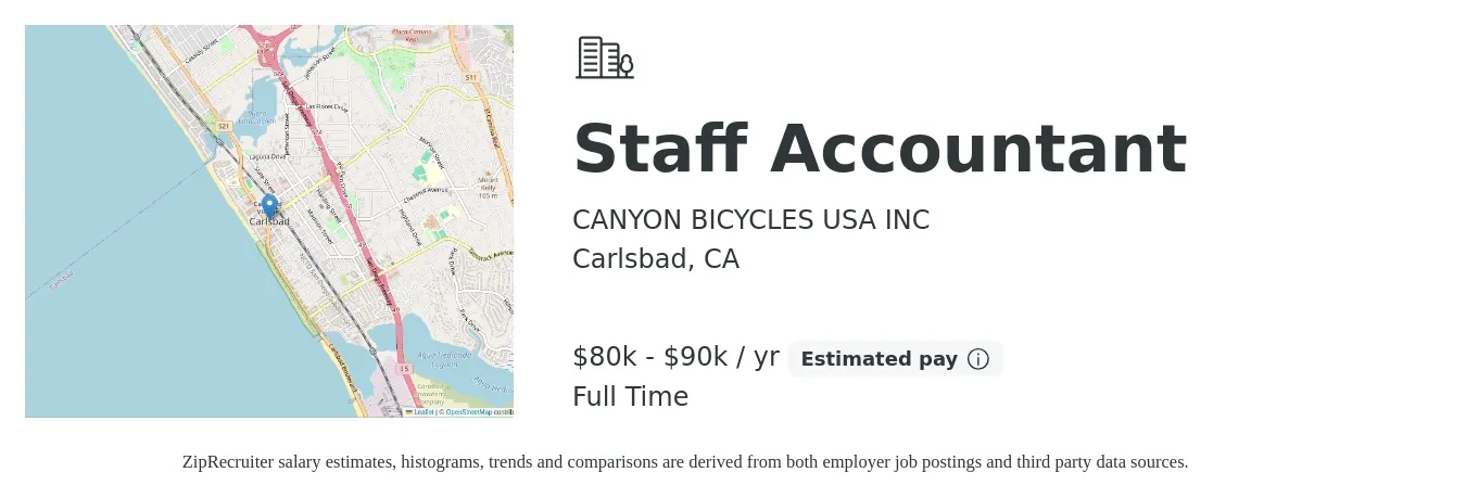 CANYON BICYCLES USA INC job posting for a Staff Accountant in Carlsbad, CA with a salary of $80,000 to $90,000 Yearly with a map of Carlsbad location.