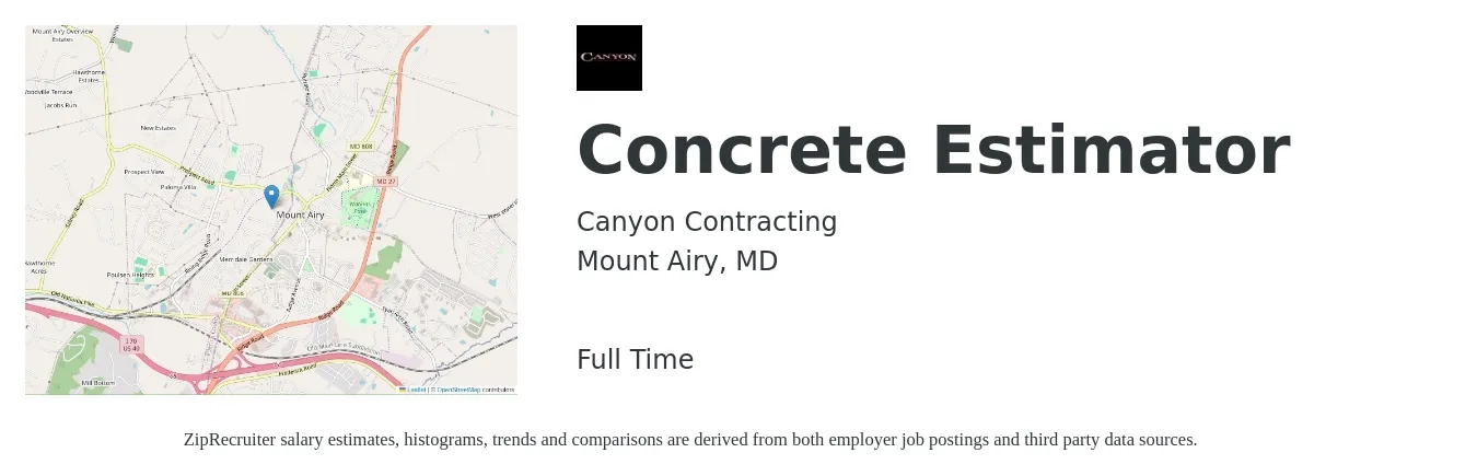 Canyon Contracting job posting for a Concrete Estimator in Mount Airy, MD with a salary of $75 Hourly with a map of Mount Airy location.
