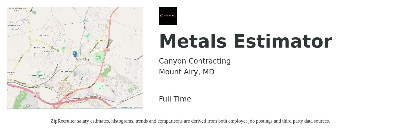 Canyon Contracting job posting for a Metals Estimator in Mount Airy, MD with a salary of $75,000 to $90,000 Yearly with a map of Mount Airy location.