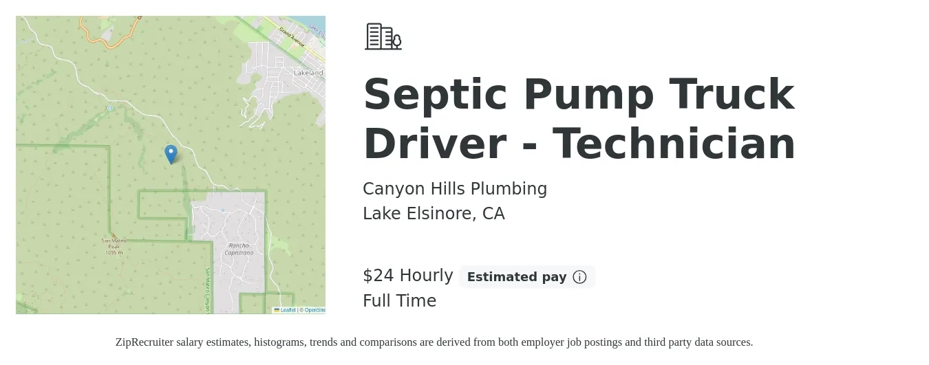 Canyon Hills Plumbing job posting for a Septic Pump Truck Driver - Technician in Lake Elsinore, CA with a salary of $25 Hourly with a map of Lake Elsinore location.