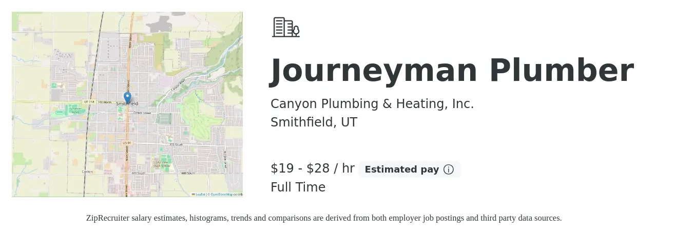Canyon Plumbing & Heating, Inc. job posting for a Journeyman Plumber in Smithfield, UT with a salary of $20 to $30 Hourly with a map of Smithfield location.