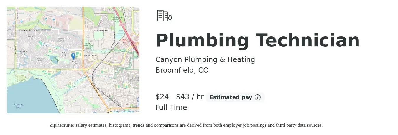 Canyon Plumbing & Heating job posting for a Plumbing Technician in Broomfield, CO with a salary of $25 to $45 Hourly with a map of Broomfield location.