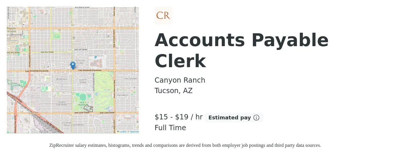 Canyon Ranch job posting for a Accounts Payable Clerk in Tucson, AZ with a salary of $16 to $20 Hourly with a map of Tucson location.