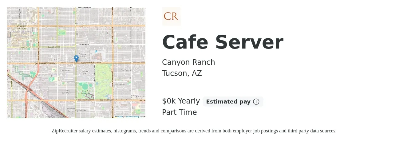Canyon Ranch job posting for a Cafe Server in Tucson, AZ with a salary of $17 to $19 Yearly with a map of Tucson location.