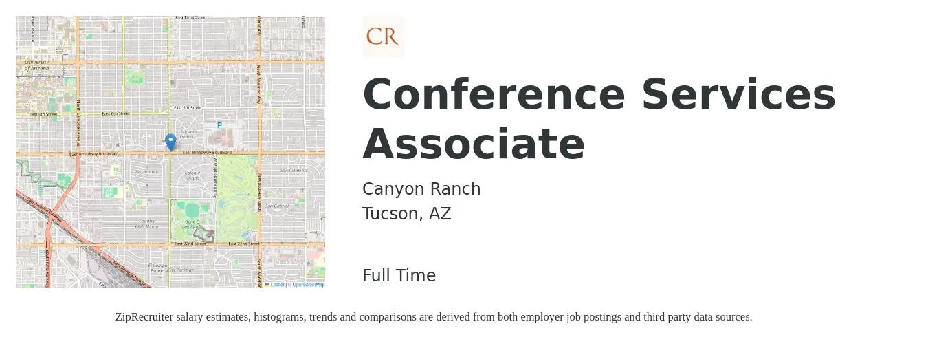Canyon Ranch job posting for a Conference Services Associate in Tucson, AZ with a salary of $49,200 to $69,200 Yearly with a map of Tucson location.