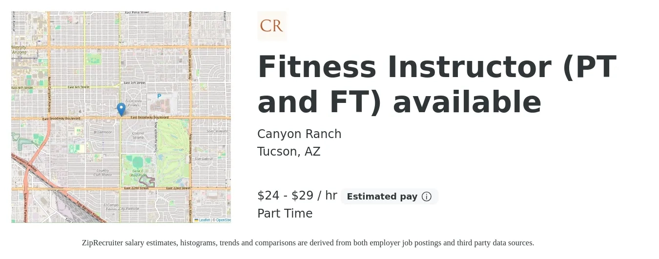 Canyon Ranch job posting for a Fitness Instructor (PT and FT) available in Tucson, AZ with a salary of $25 to $31 Hourly with a map of Tucson location.