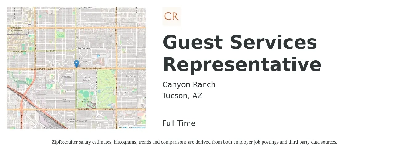 Canyon Ranch job posting for a Guest Services Representative in Tucson, AZ with a salary of $13 to $16 Hourly with a map of Tucson location.