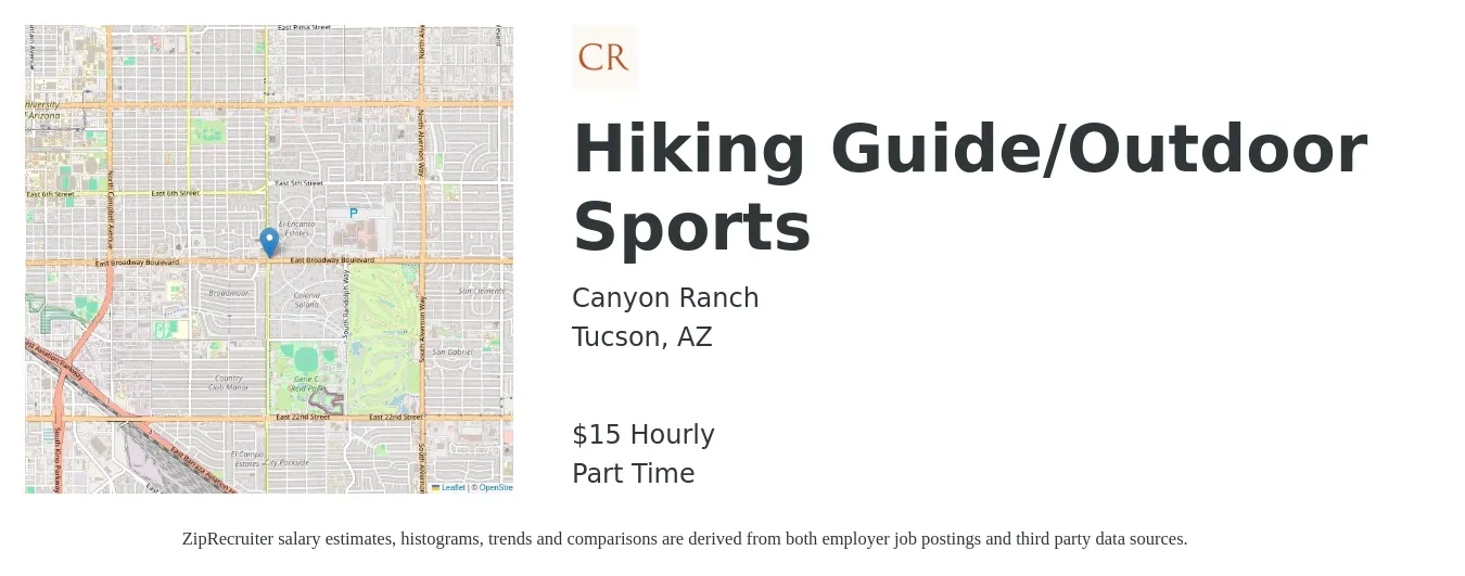 Canyon Ranch job posting for a Hiking Guide/Outdoor Sports in Tucson, AZ with a salary of $16 Hourly with a map of Tucson location.