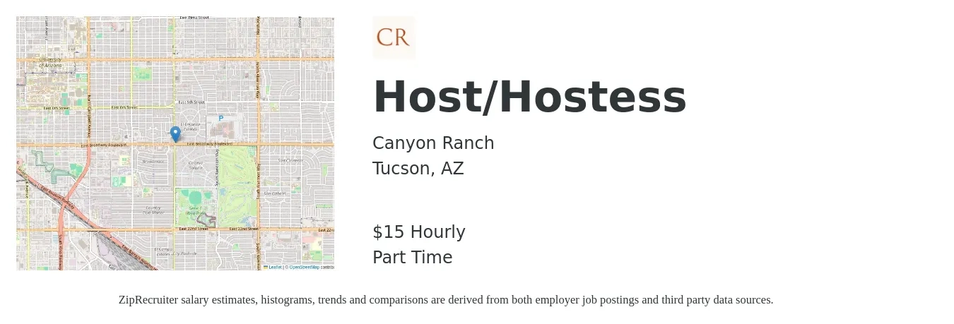 Canyon Ranch job posting for a Host/Hostess in Tucson, AZ with a salary of $16 Hourly with a map of Tucson location.