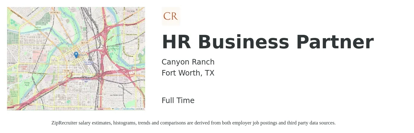 Canyon Ranch job posting for a HR Business Partner in Fort Worth, TX with a salary of $68,900 to $98,100 Yearly with a map of Fort Worth location.
