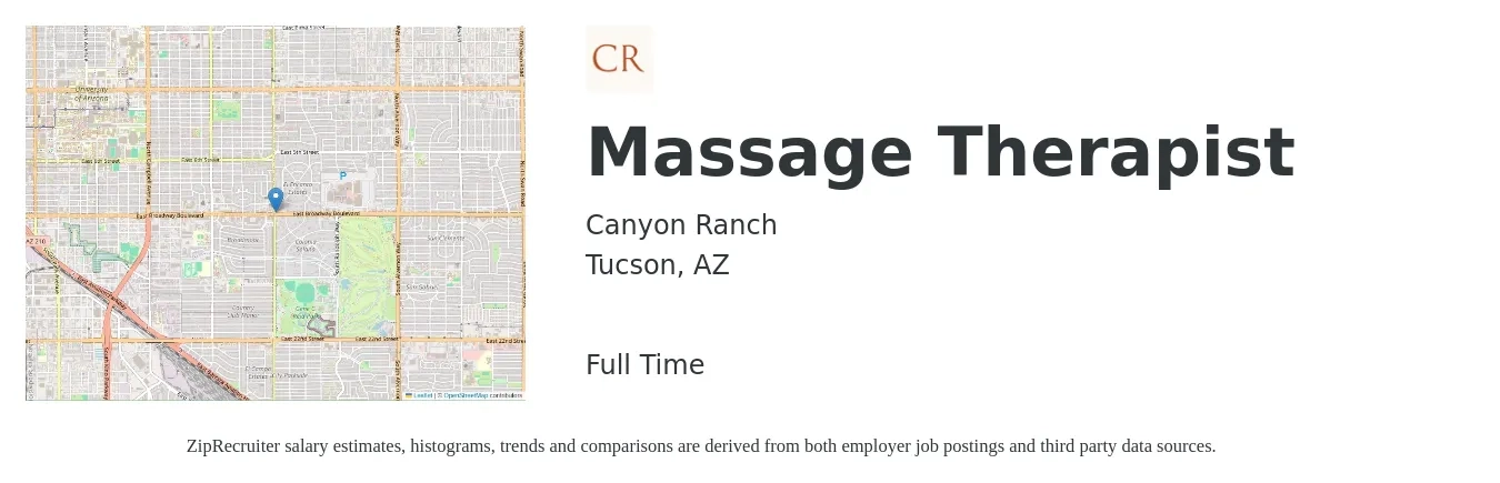 Canyon Ranch job posting for a Massage Therapist in Tucson, AZ with a salary of $23 to $45 Hourly with a map of Tucson location.