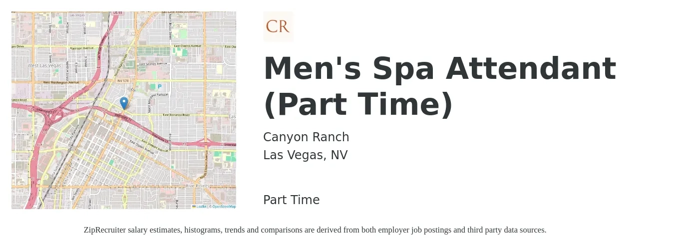 Canyon Ranch job posting for a Men's Spa Attendant (Part Time) in Las Vegas, NV with a salary of $14 to $17 Hourly with a map of Las Vegas location.