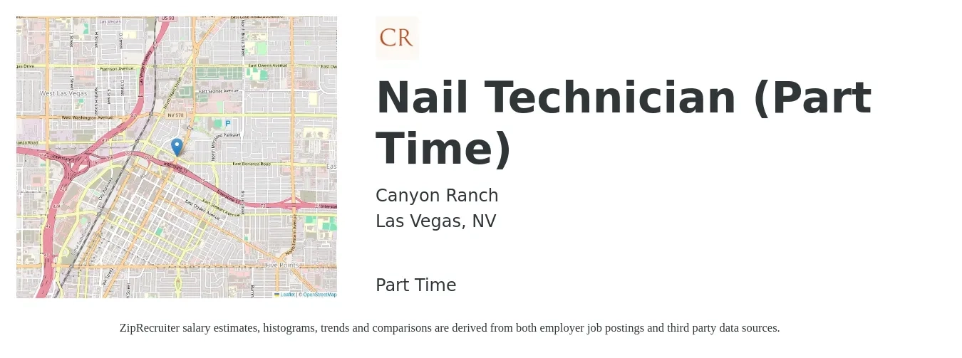 Canyon Ranch job posting for a Nail Technician (Part Time) in Las Vegas, NV with a salary of $15 to $24 Hourly with a map of Las Vegas location.