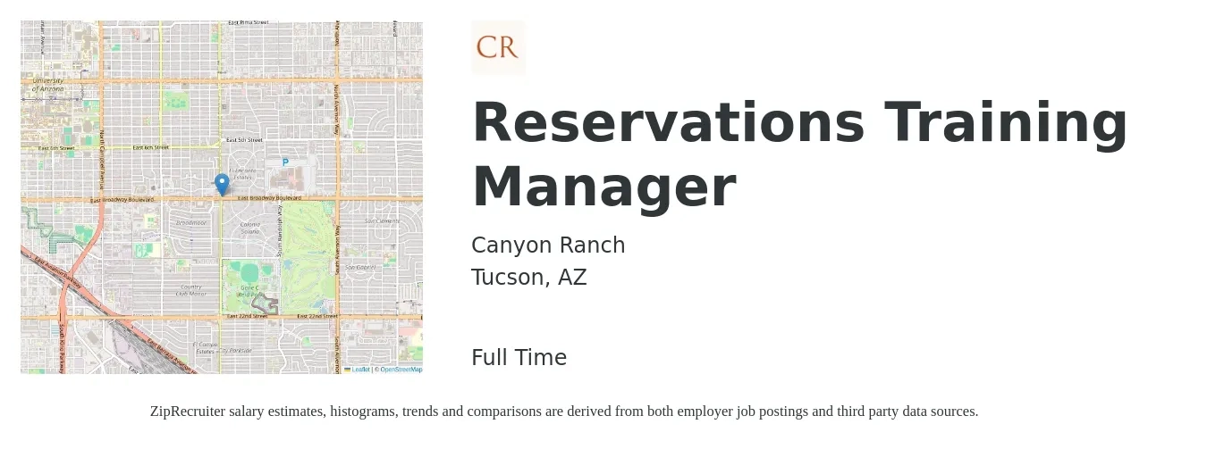 Canyon Ranch job posting for a Reservations Training Manager in Tucson, AZ with a salary of $51,000 to $56,600 Yearly with a map of Tucson location.