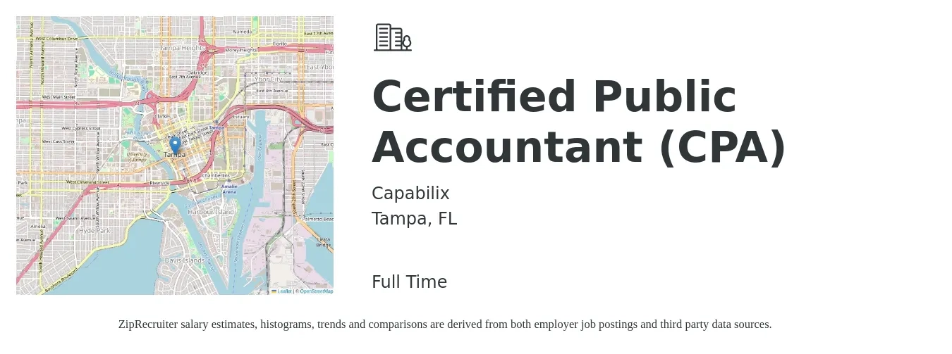 Capabilix job posting for a Certified Public Accountant (CPA) in Tampa, FL with a salary of $70,900 to $97,300 Yearly with a map of Tampa location.