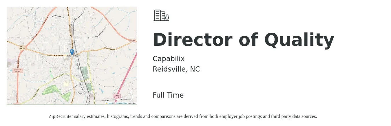 Capabilix job posting for a Director of Quality in Reidsville, NC with a salary of $82,100 to $136,200 Yearly with a map of Reidsville location.