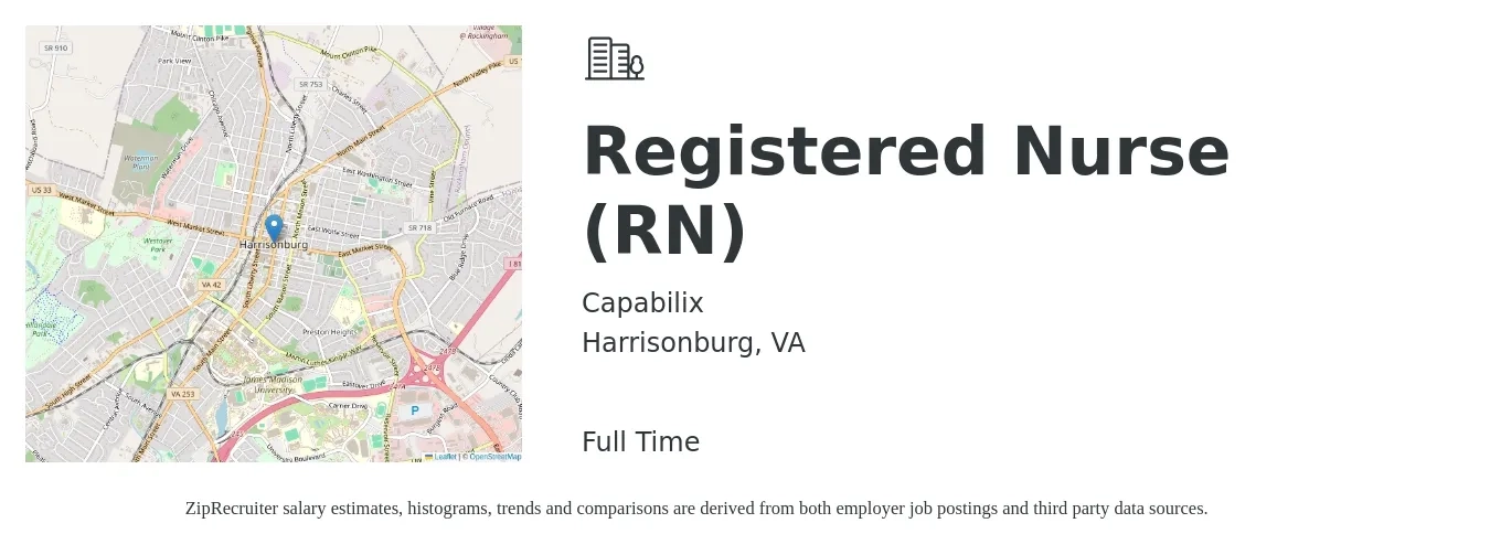 Capabilix job posting for a Registered Nurse (RN) in Harrisonburg, VA with a salary of $30 to $48 Hourly with a map of Harrisonburg location.