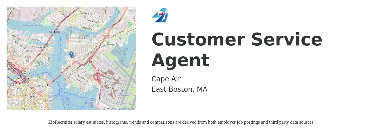 Cape Air job posting for a Customer Service Agent in East Boston, MA with a salary of $17 to $22 Hourly with a map of East Boston location.