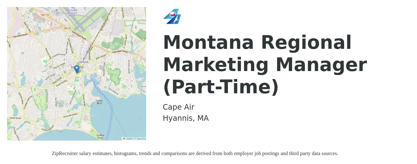 Cape Air job posting for a Montana Regional Marketing Manager (Part-Time) in Hyannis, MA with a salary of $54,600 to $89,500 Yearly with a map of Hyannis location.