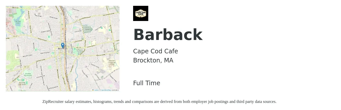 Cape Cod Cafe job posting for a Barback in Brockton, MA with a salary of $10 to $16 Hourly with a map of Brockton location.