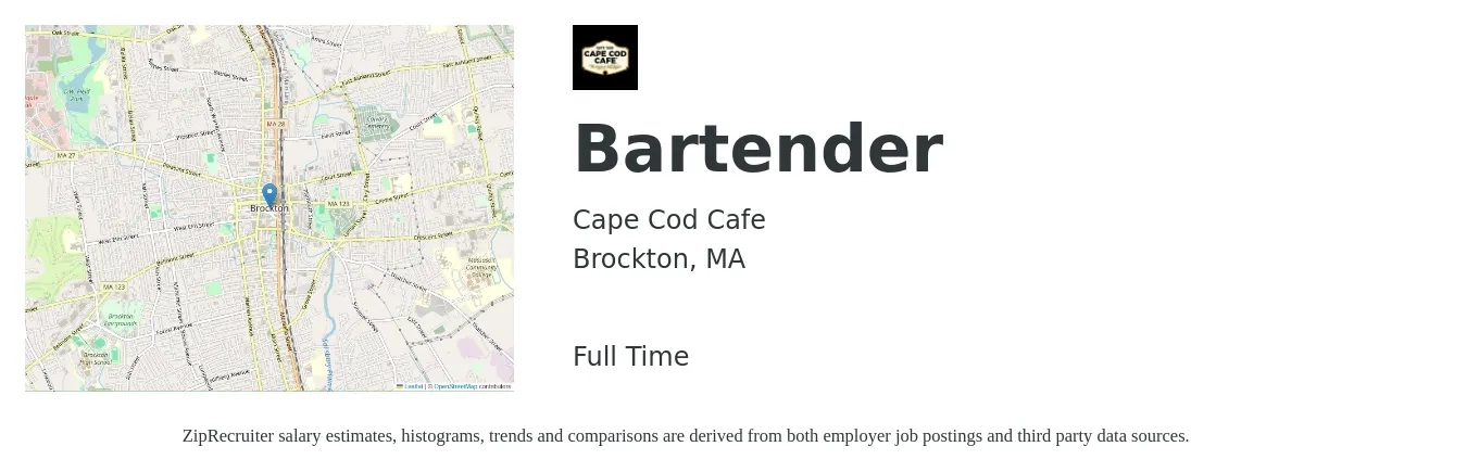 Cape Cod Cafe job posting for a Bartender in Brockton, MA with a salary of $10 to $19 Hourly with a map of Brockton location.