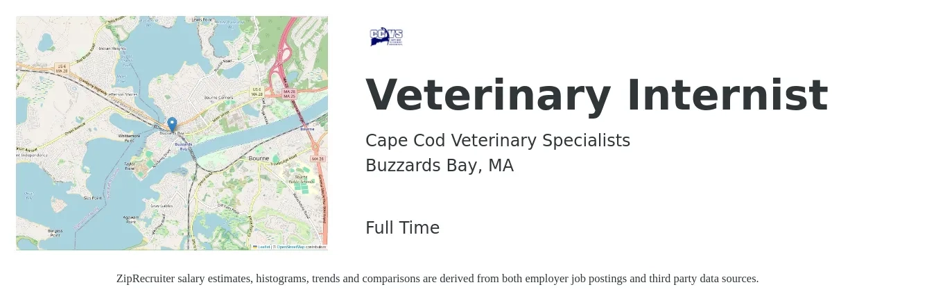 Cape Cod Veterinary Specialists job posting for a Veterinary Internist in Buzzards Bay, MA with a salary of $217,000 to $232,800 Yearly with a map of Buzzards Bay location.