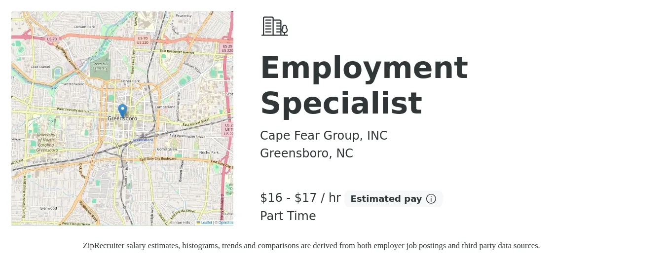 Cape Fear Group, INC job posting for a Employment Specialist in Greensboro, NC with a salary of $17 Hourly with a map of Greensboro location.