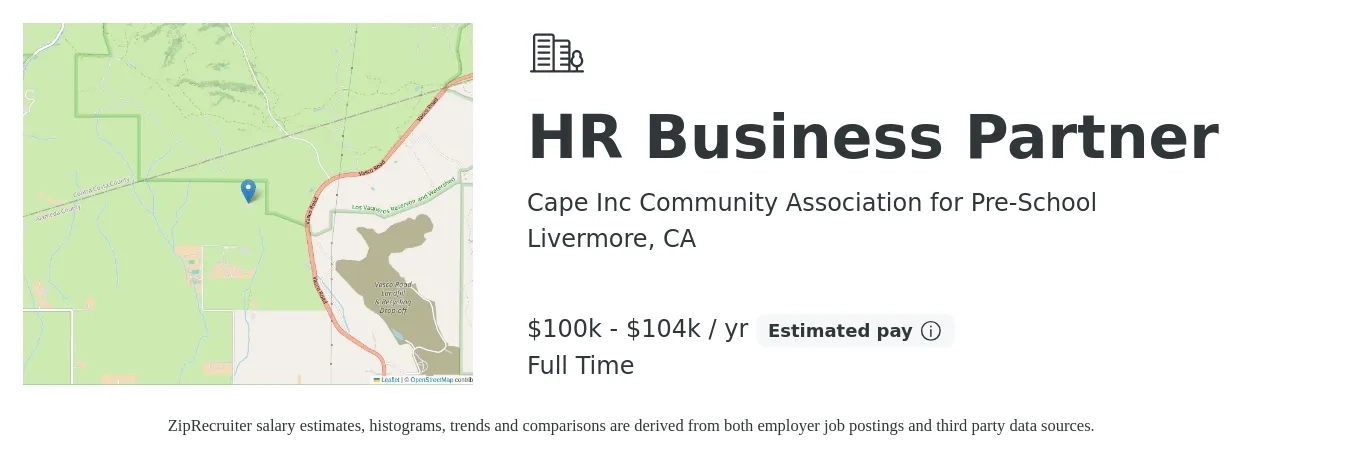 Cape Inc Community Association for Pre-School job posting for a HR Business Partner in Livermore, CA with a salary of $100,000 to $104,000 Yearly with a map of Livermore location.