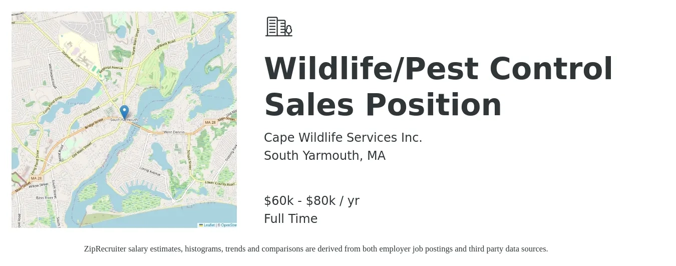 Cape Wildlife Services Inc. job posting for a Wildlife/Pest Control Sales Position in South Yarmouth, MA with a salary of $60,000 to $80,000 Yearly with a map of South Yarmouth location.
