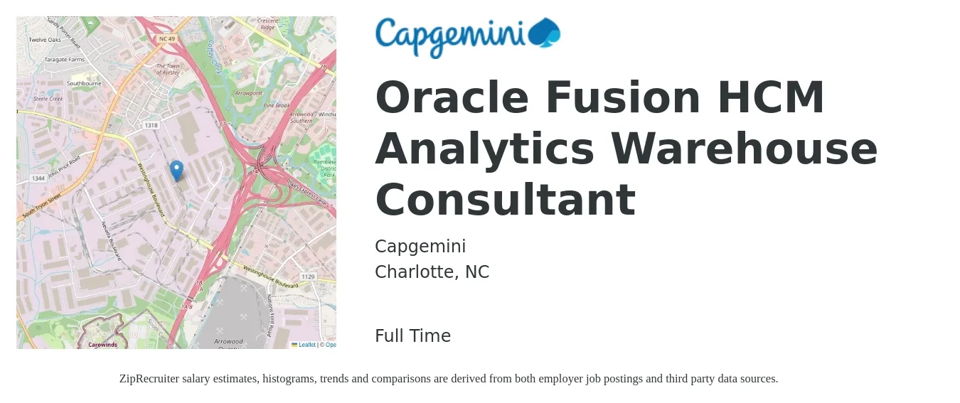 Capgemini job posting for a Oracle Fusion HCM Analytics Warehouse Consultant in Charlotte, NC with a salary of $58 to $78 Hourly with a map of Charlotte location.