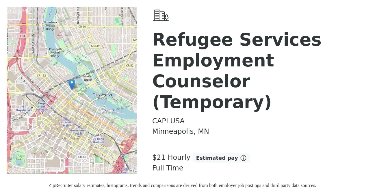 CAPI USA job posting for a Refugee Services Employment Counselor (Temporary) in Minneapolis, MN with a salary of $23 Hourly with a map of Minneapolis location.