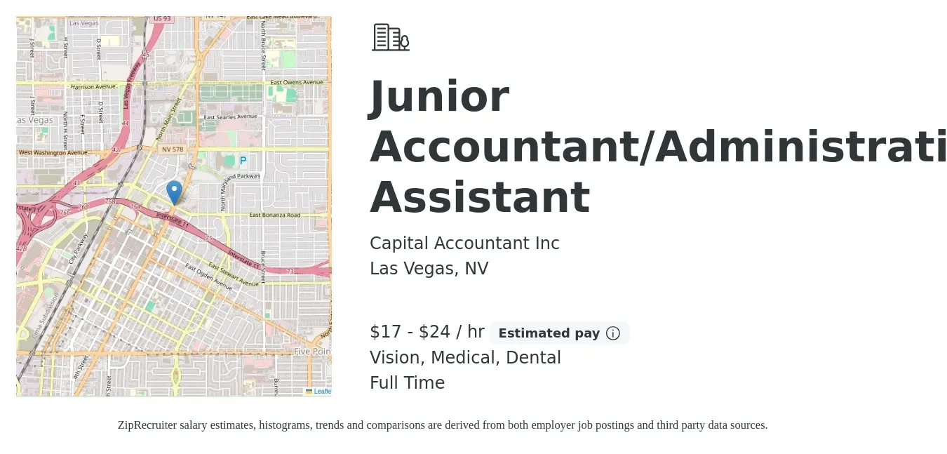 Capital Accountant Inc job posting for a Junior Accountant/Administrative Assistant in Las Vegas, NV with a salary of $18 to $25 Hourly and benefits including dental, life_insurance, medical, retirement, and vision with a map of Las Vegas location.